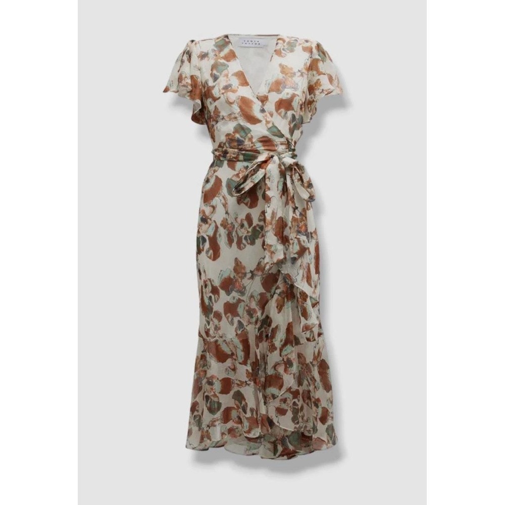 NWT Tanya Taylor Women'sBeige Blaire Printed Linen & Silk Wrap Dress Size 2